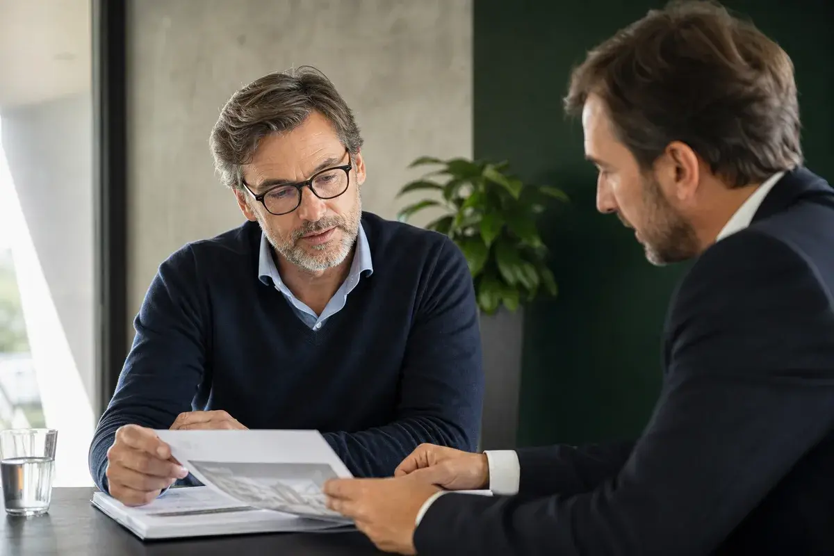 Gestionnaire de patrimoine présentant un dossier immobilier à un investisseur